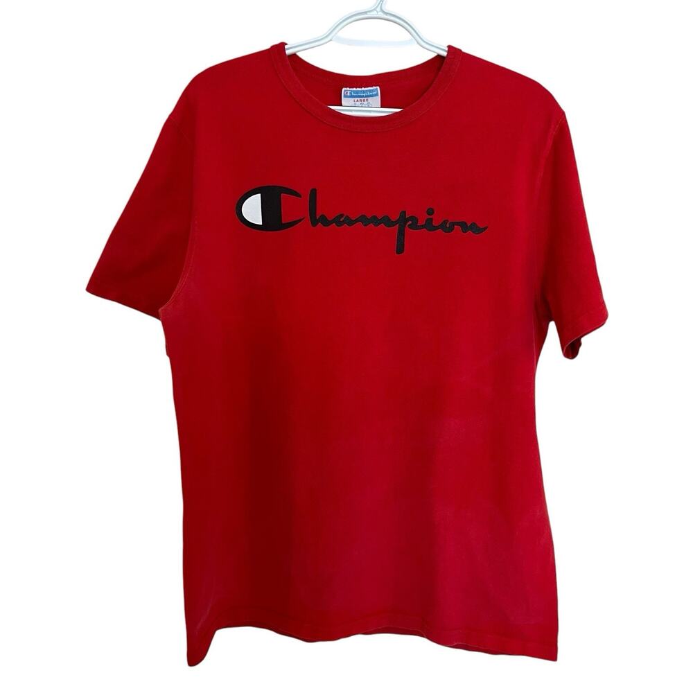 Champion | Vintage 90s Shirt Men’s Size L Red Blue Bar Tag Grunge sun fade